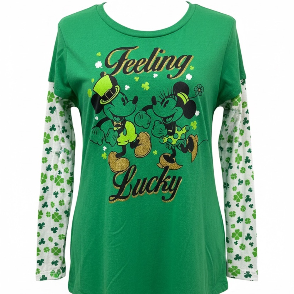 Disney Green Long Sleeve Tee with Mickey and Minnie Junior Size XXG